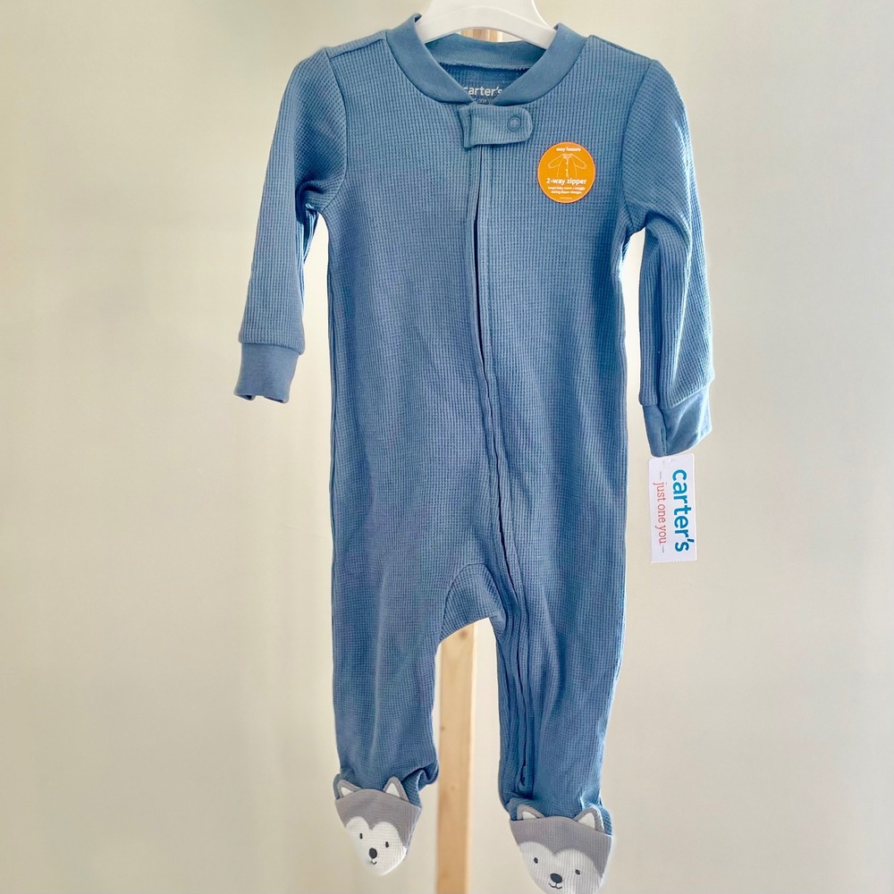 Carters Just One You Baby Boys Blue Waffle Knit Wolf Footed‎ Sleeper 9M NEW